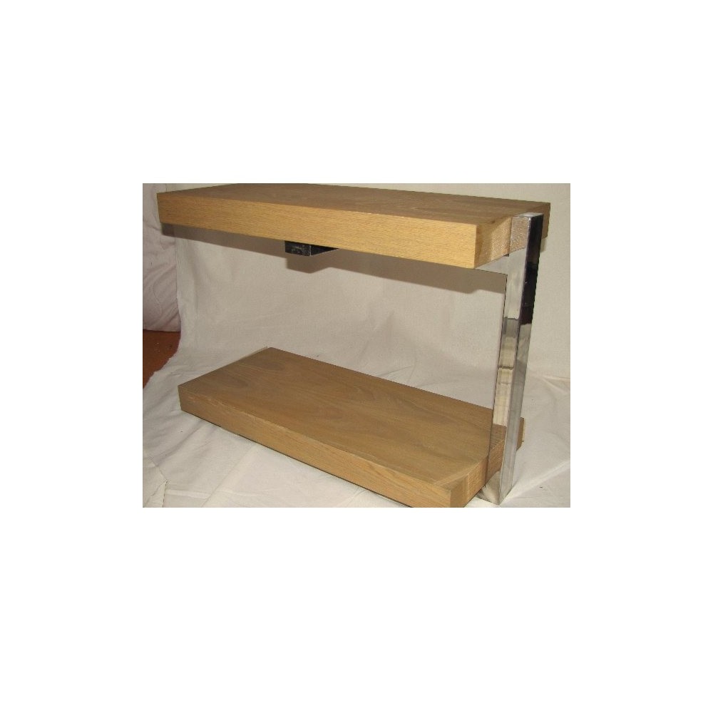 Bout de canapé Branco sobre Branco 30 x 75 h.50. Pied Cromé, plateau chêne naturel