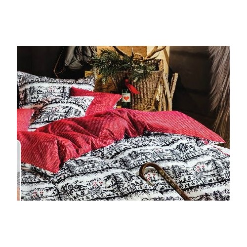 taie d'oreiller motifs découpage noir-blanc, dos rouge et  petits motifs blanc "Suisse", dim.65x65cm, Divina