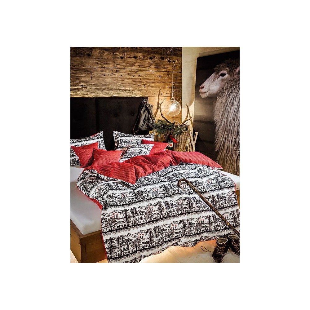 Housse de couette motifs découpage noir-blanc, dos rouge et  petits motifs blanc "Suisse", dim.160x210cm, Divina