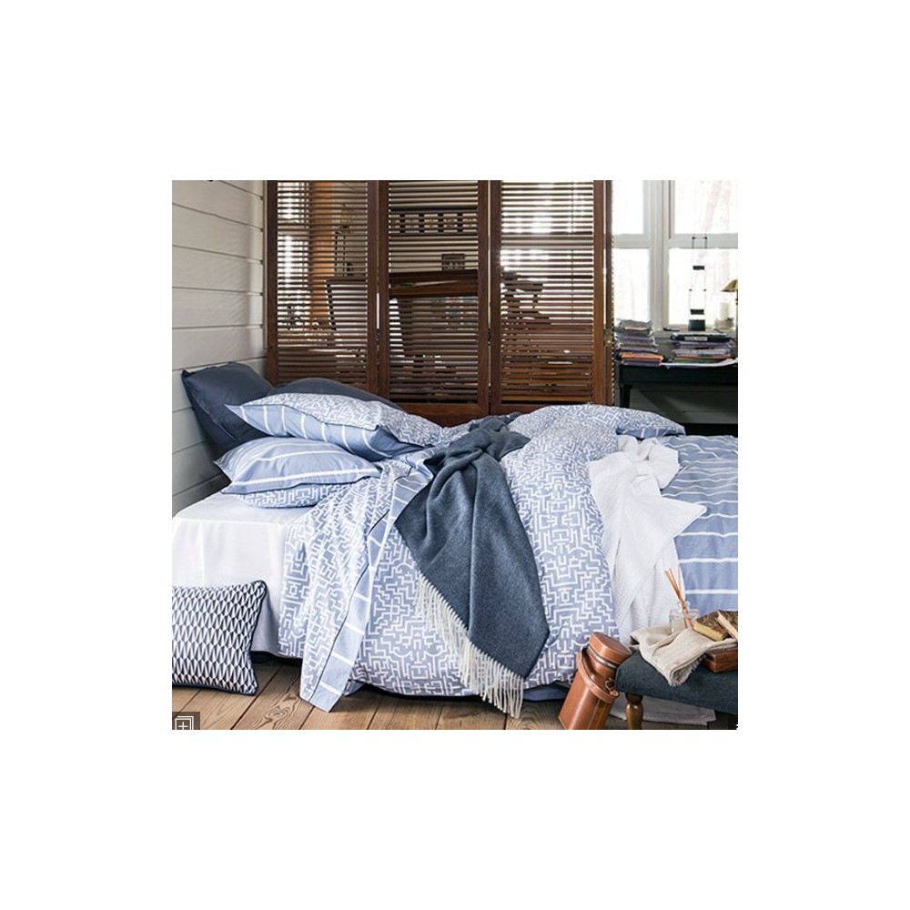 Housse de couette Dédale bleu-blanc, motifs labyrinthe, dim.160x210cm, Alexandre Turpault