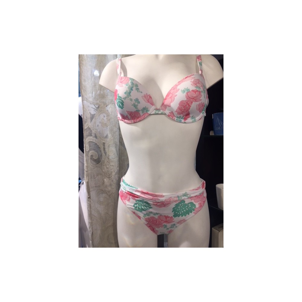 Bikini JOYCE Peony T2 (36) blanc avec motifs fleurs roses et vert d'eau,  Manuel Canovas