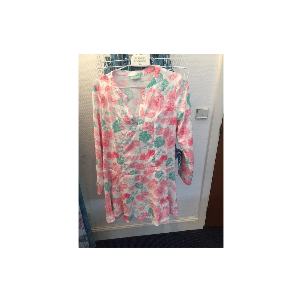 Robe DELIA Peony T3 (38) blanc motifs fleurs roses et vert d'eau,  Manuel Canovas