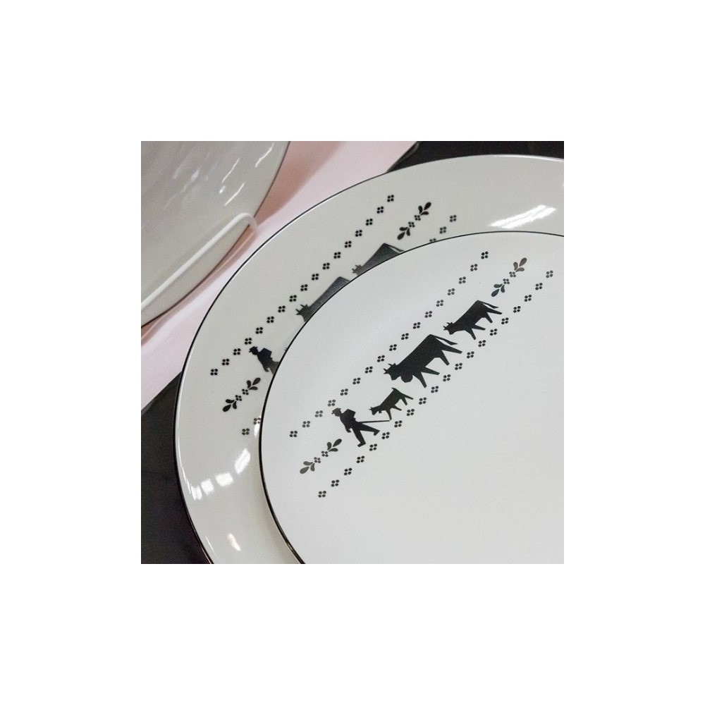 Set de 6 assiettes La Montée à l'Alpage, réf. 20.05.0047, col.blanc et noir, diam.28cm, Steinlin