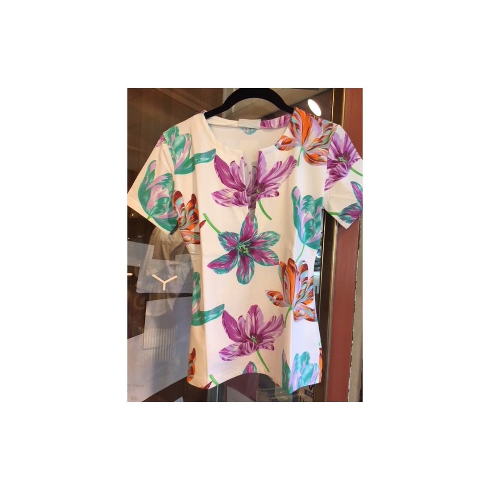 Tee shirt MC tulipes et blanc T2