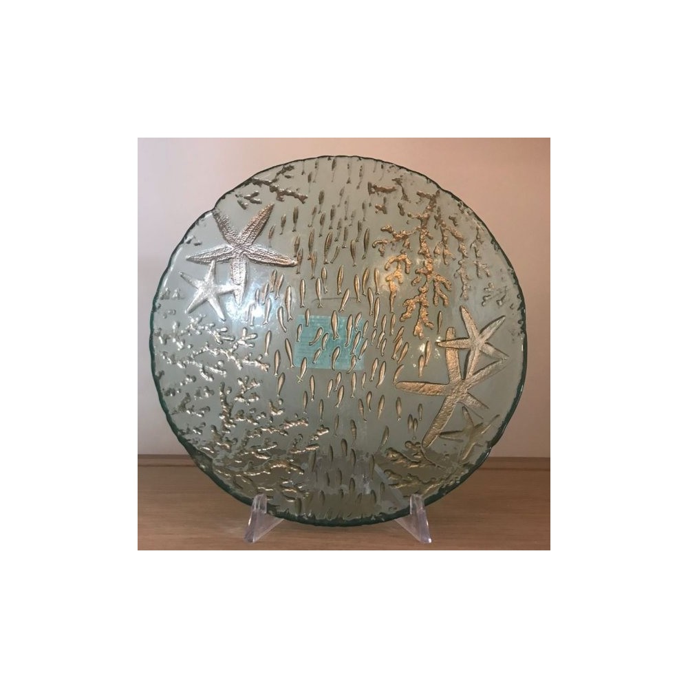 coupelle en verre turquoise avec motifs corail doré, diam.21 cm, réf. 862917, Aulica
