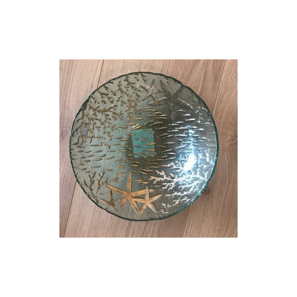 coupelle en verre turquoise avec motifs corail doré, diam.21 cm, réf. 862917, Aulica