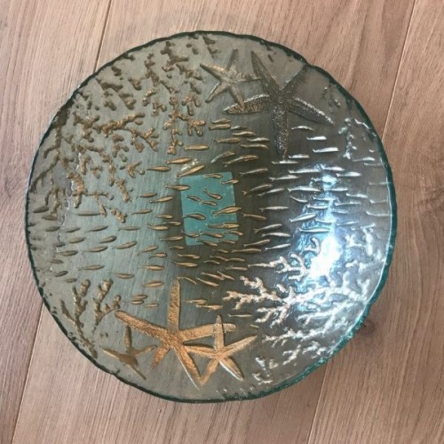 coupelle en verre turquoise avec motifs corail doré, diam.21 cm, réf. 862917, Aulica