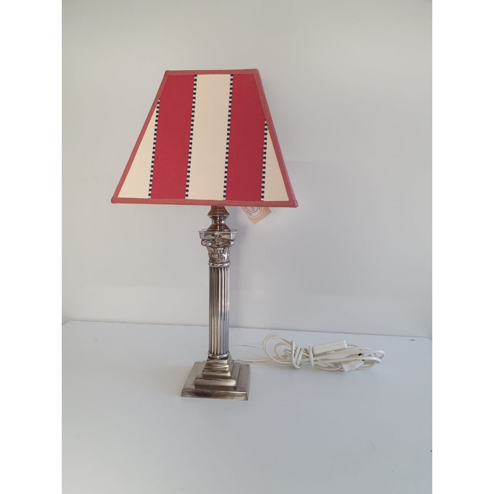lampe colonne fer v pierre + abat-jour strié rouge et blanc
