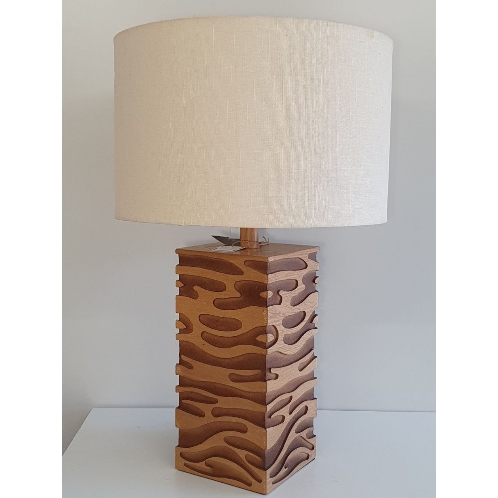 LAMPE -Marco Polo, pied bois rectangulaire,avec motifs incrustés "zèbre" H.73 cm - abat-jour rond blanc